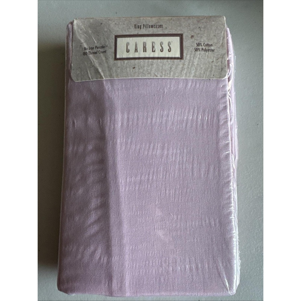 Caress Pillowcases Two King Caress Rose Pink Percale USA Made 20x36" 1990's